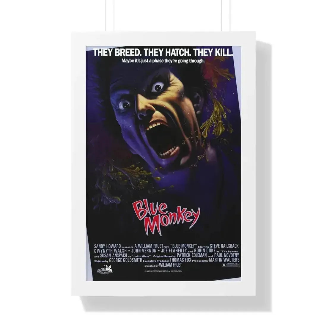 BLUE MONKEY 1987 - Framed Movie Poster 16″ x 24″ White - The Sticker Space