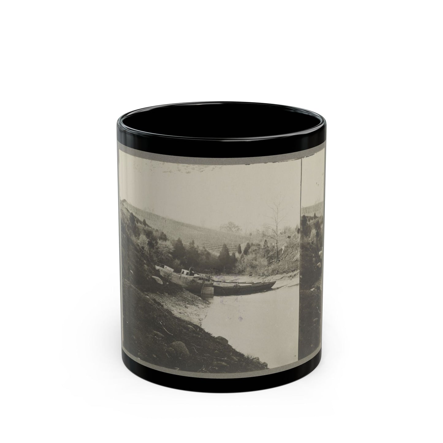 Boats Docked At The Shore Of A River In A Wooded Area (U.S. Civil War) Black Coffee Mug