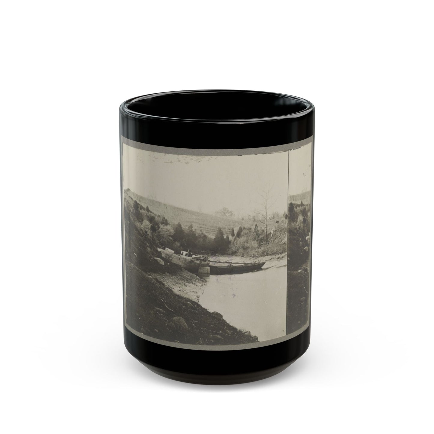 Boats Docked At The Shore Of A River In A Wooded Area (U.S. Civil War) Black Coffee Mug