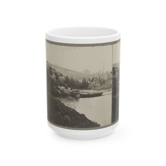 Boats Docked At The Shore Of A River In A Wooded Area (U.S. Civil War) White Coffee Mug