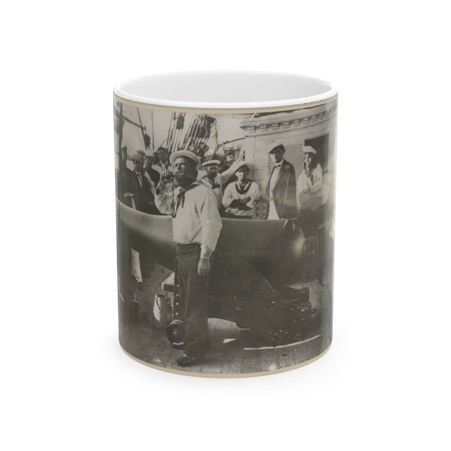 Boatswain Piping In Front Of Large Cannon On Deck Of U.S. Naval Warship; Other Sailors Standing In Background (U.S. Civil War) White Coffee Mug