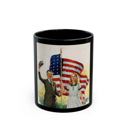 Boy and Girl with American Flag - Black Coffee Mug-11oz-The Sticker Space