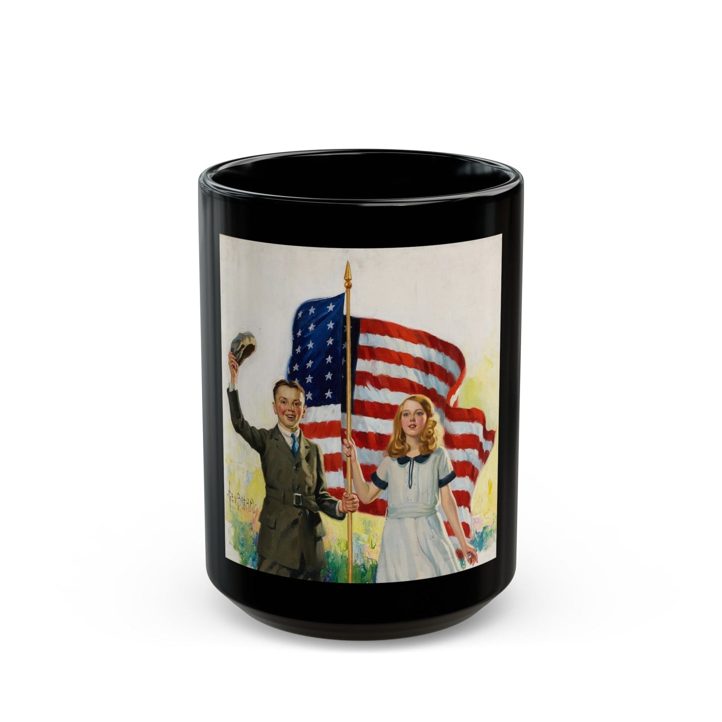 Boy and Girl with American Flag - Black Coffee Mug-15oz-The Sticker Space