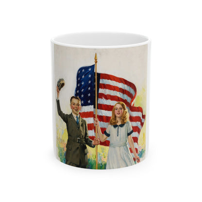 Boy and Girl with American Flag - White Coffee Mug-11oz-The Sticker Space