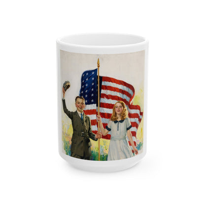 Boy and Girl with American Flag - White Coffee Mug-15oz-The Sticker Space