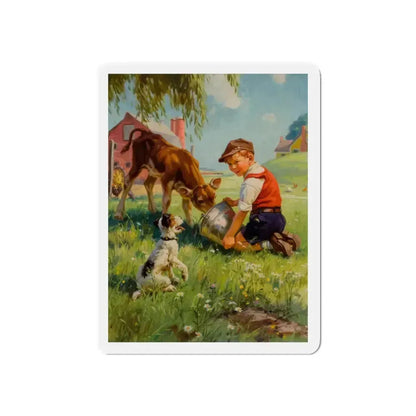 Boy with Calf and Dog (Magazine Illustration) Refrigerator Magnet 3 Inch Die-Cut - The Sticker Space