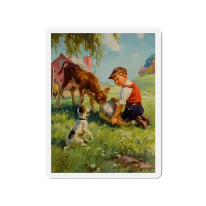 Boy with Calf and Dog (Magazine Illustration) Refrigerator Magnet - The Sticker Space