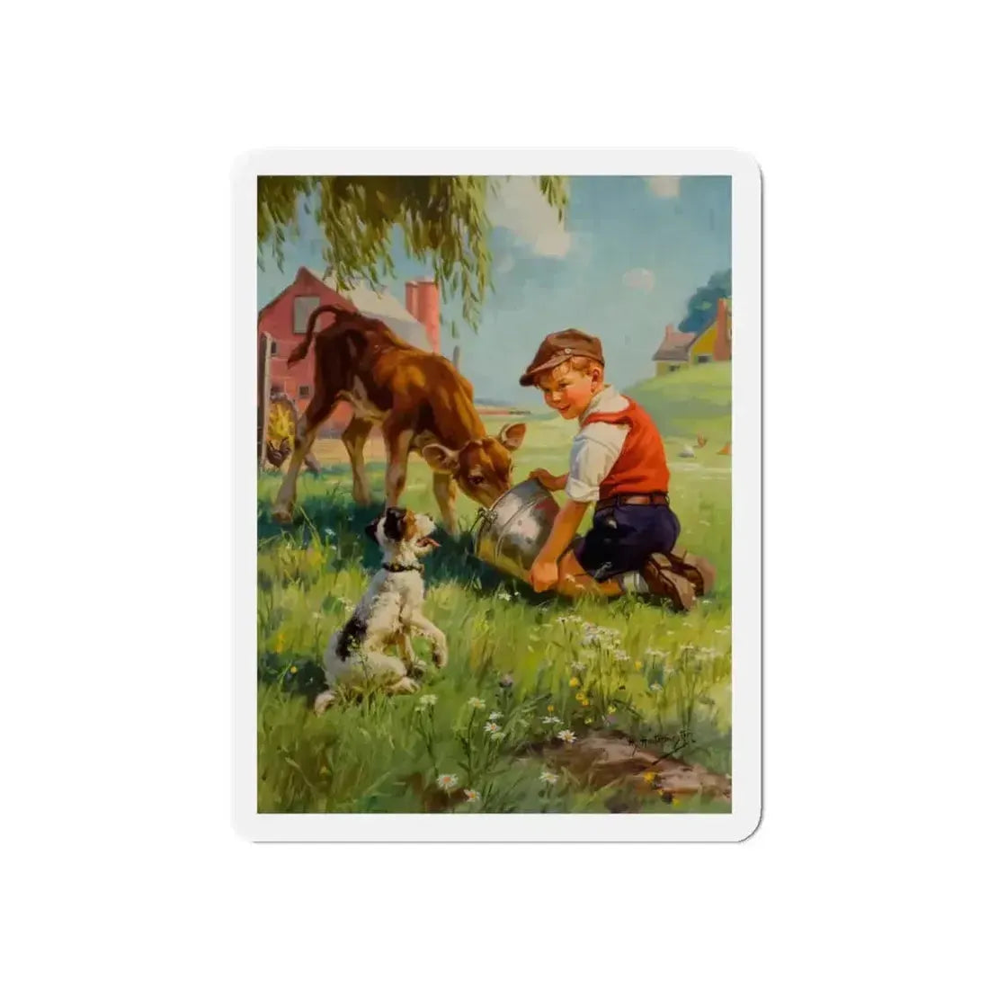 Boy with Calf and Dog (Magazine Illustration) Refrigerator Magnet - The Sticker Space