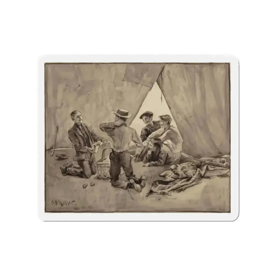 Boys and their Tents, 1894 (Magazine Illustration) Refrigerator Magnet 2 Inch Die-Cut - The Sticker Space