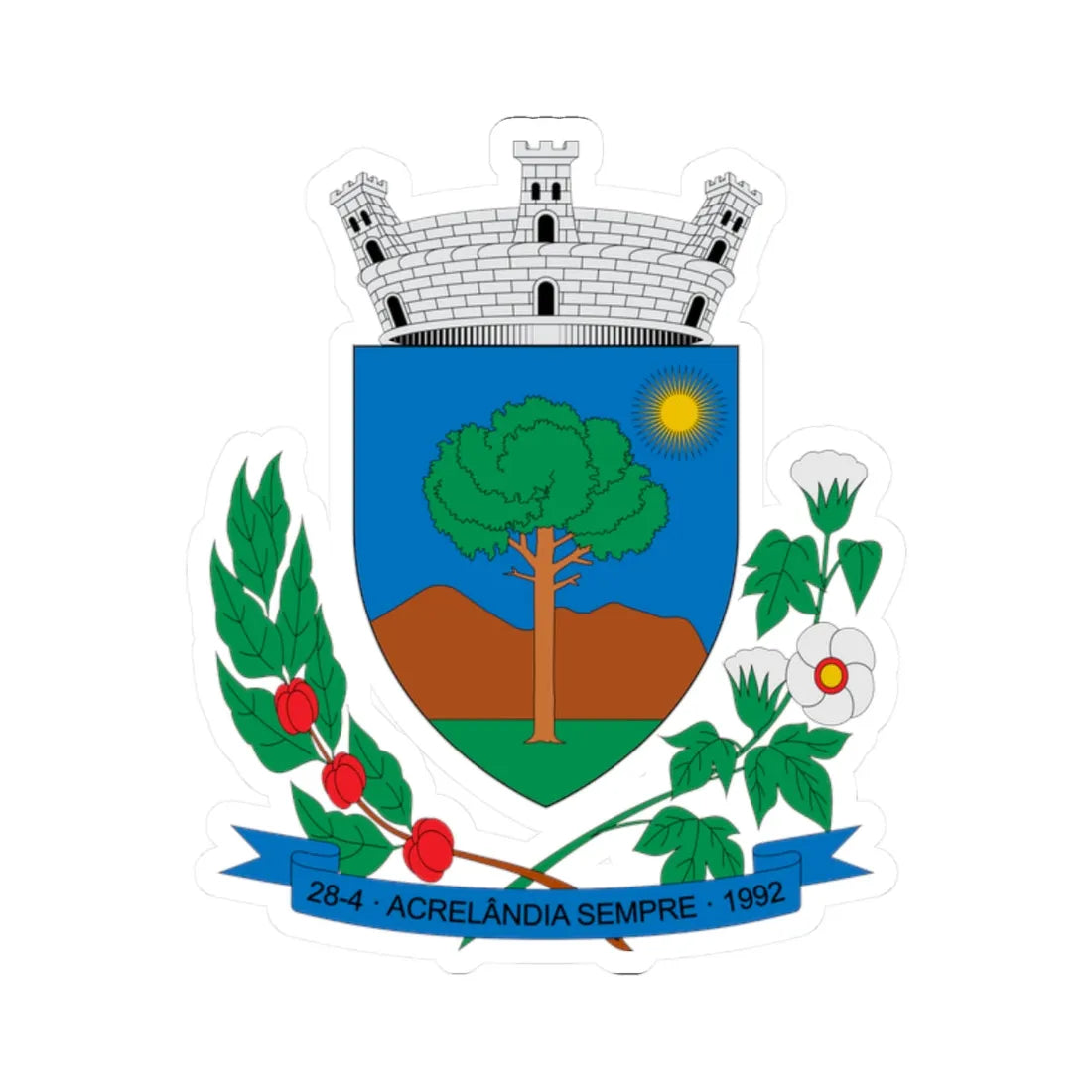 Brasão de Acrelândia - AC (Brazil) (Coat of Arms) STICKER Vinyl Kiss-Cut Decal 2 Inch White - The Sticker Space