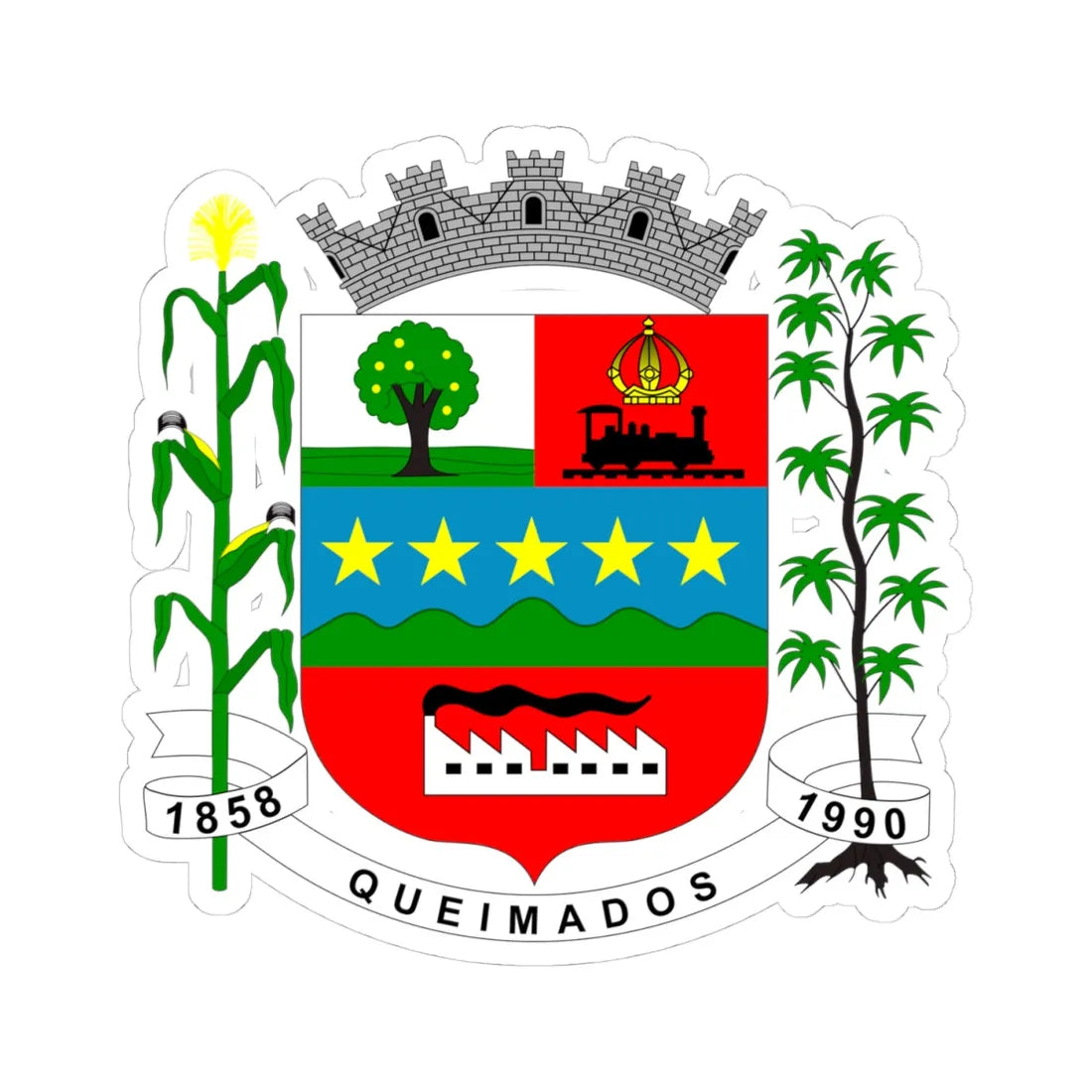 Brasão de Queimados (Brazil) (Coat of Arms) STICKER Vinyl Kiss-Cut Decal 4 Inch White - The Sticker Space
