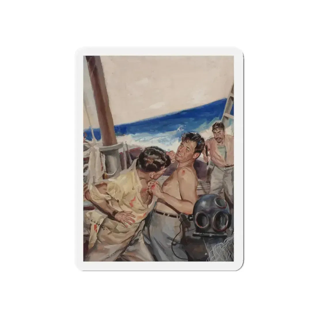 Brawl at Sea, probable men's magazine illustration, circa 1950s (Magazine Illustration) Refrigerator Magnet 5 Inch Die-Cut - The Sticker Space