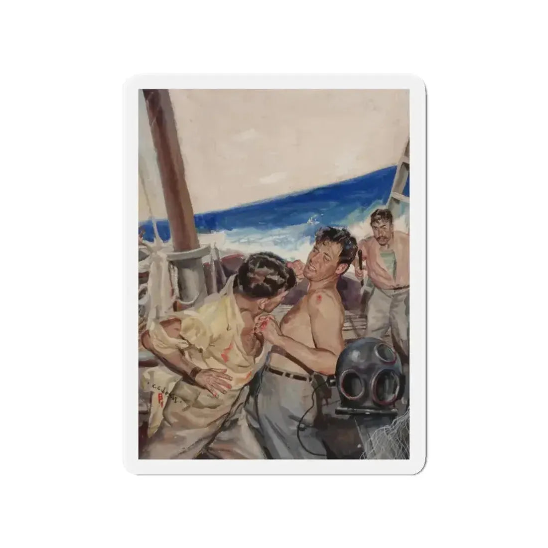 Brawl at Sea, probable men's magazine illustration, circa 1950s (Magazine Illustration) Refrigerator Magnet - The Sticker Space