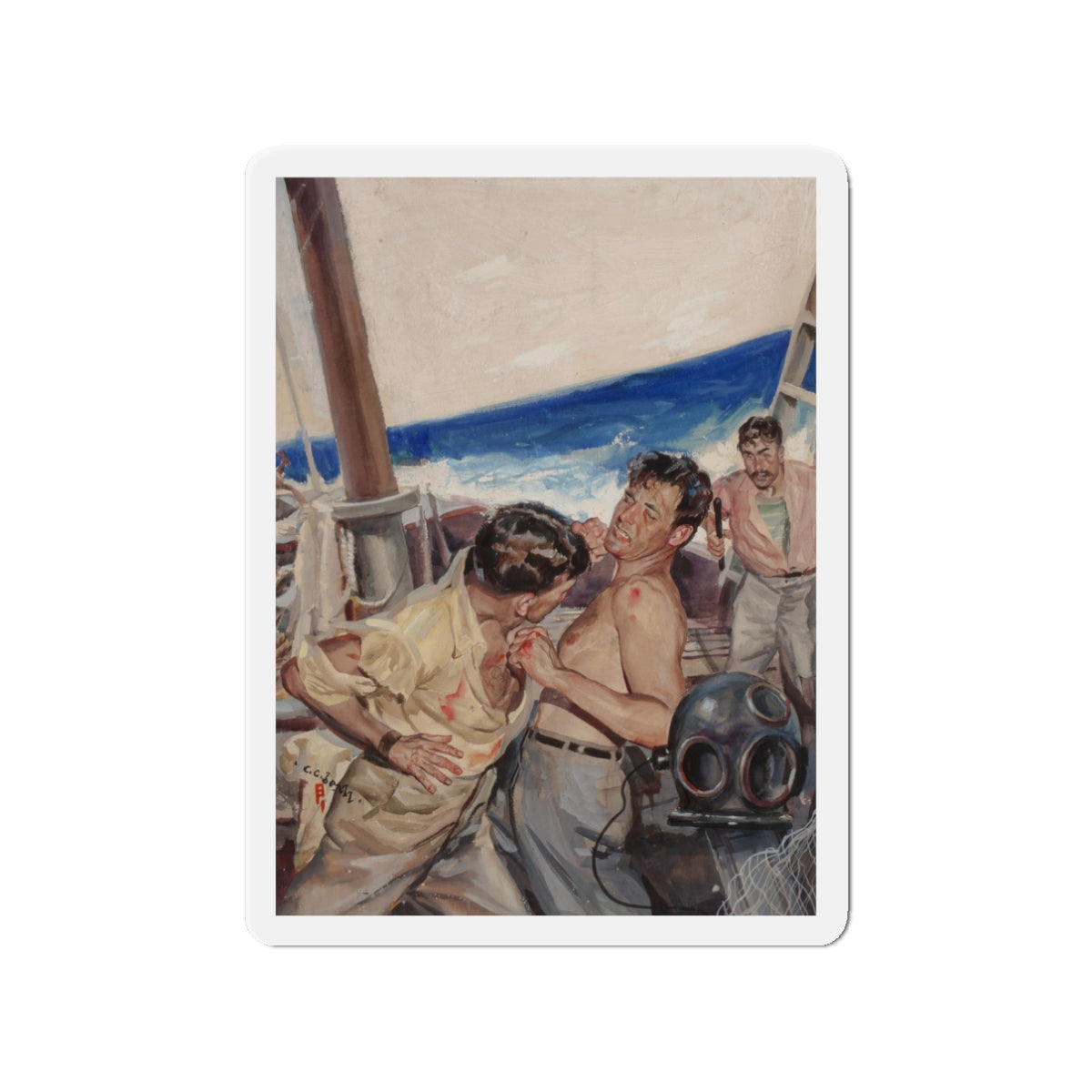 Brawl at Sea, probable men's magazine illustration, circa 1950s (Magazine Illustration) Refrigerator Magnet-3" x 3"-The Sticker Space