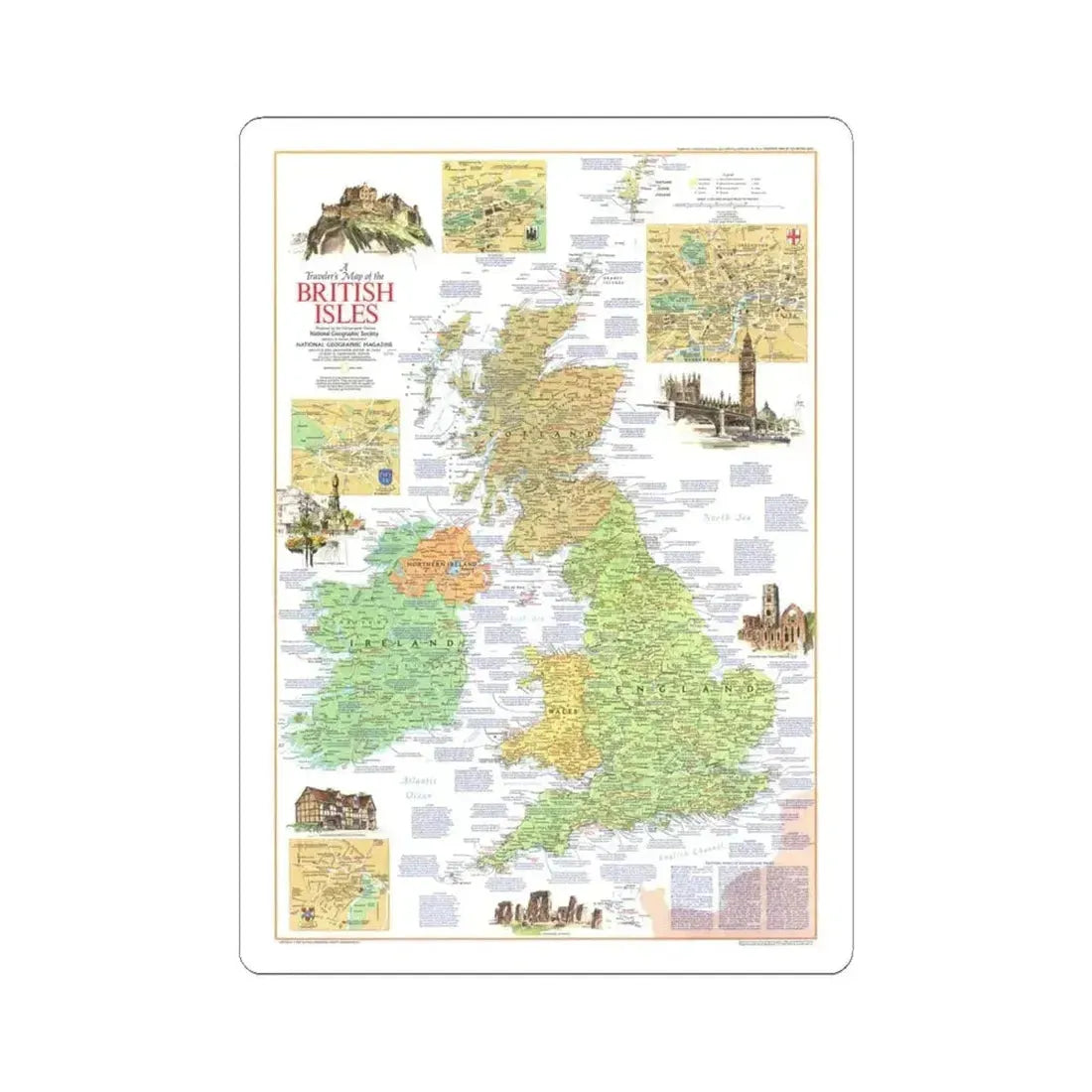 British Isles - A Traveller's Map 1 (1974) (Map) STICKER Vinyl Kiss-Cut Decal 4 Inch White - The Sticker Space