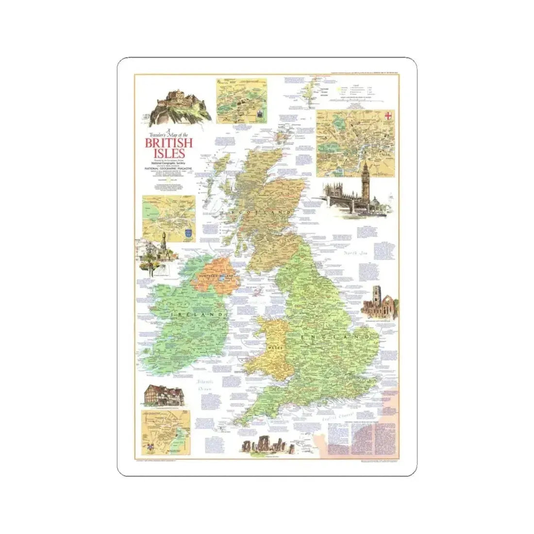 British Isles - A Traveller's Map 1 (1974) (Map) STICKER Vinyl Kiss-Cut Decal 6 Inch White - The Sticker Space