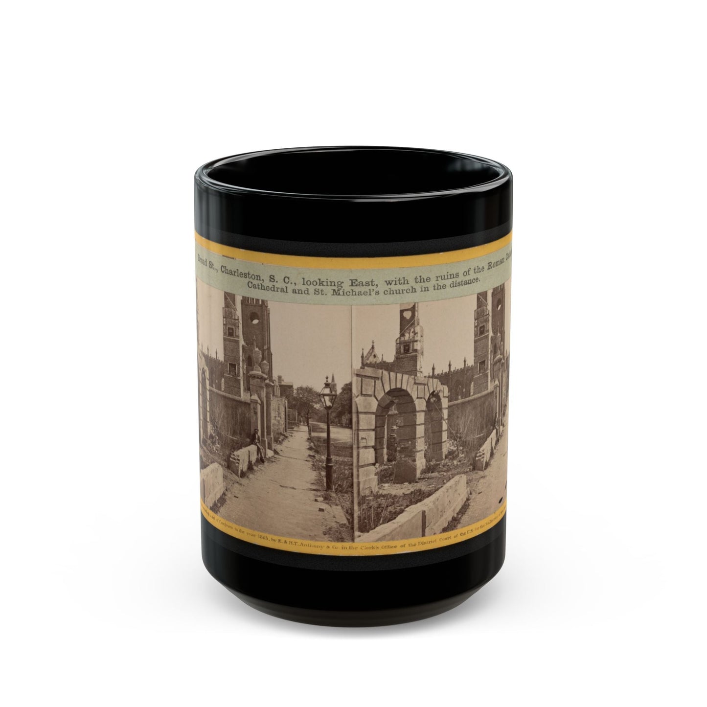 Broad St., Charleston, S.C., Looking East, With The Ruins Of The Roman Catholic Cathedral And St. Michael's Church In The Distance (U.S. Civil War) Black Coffee Mug