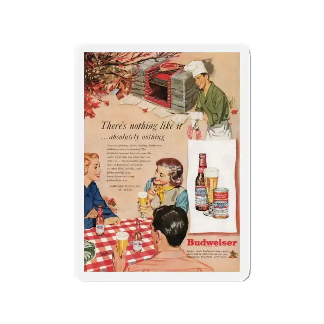 Budweiser ad, Cosmopolitan, October 1950 (Magazine Illustration) Refrigerator Magnet 2 Inch Die-Cut - The Sticker Space