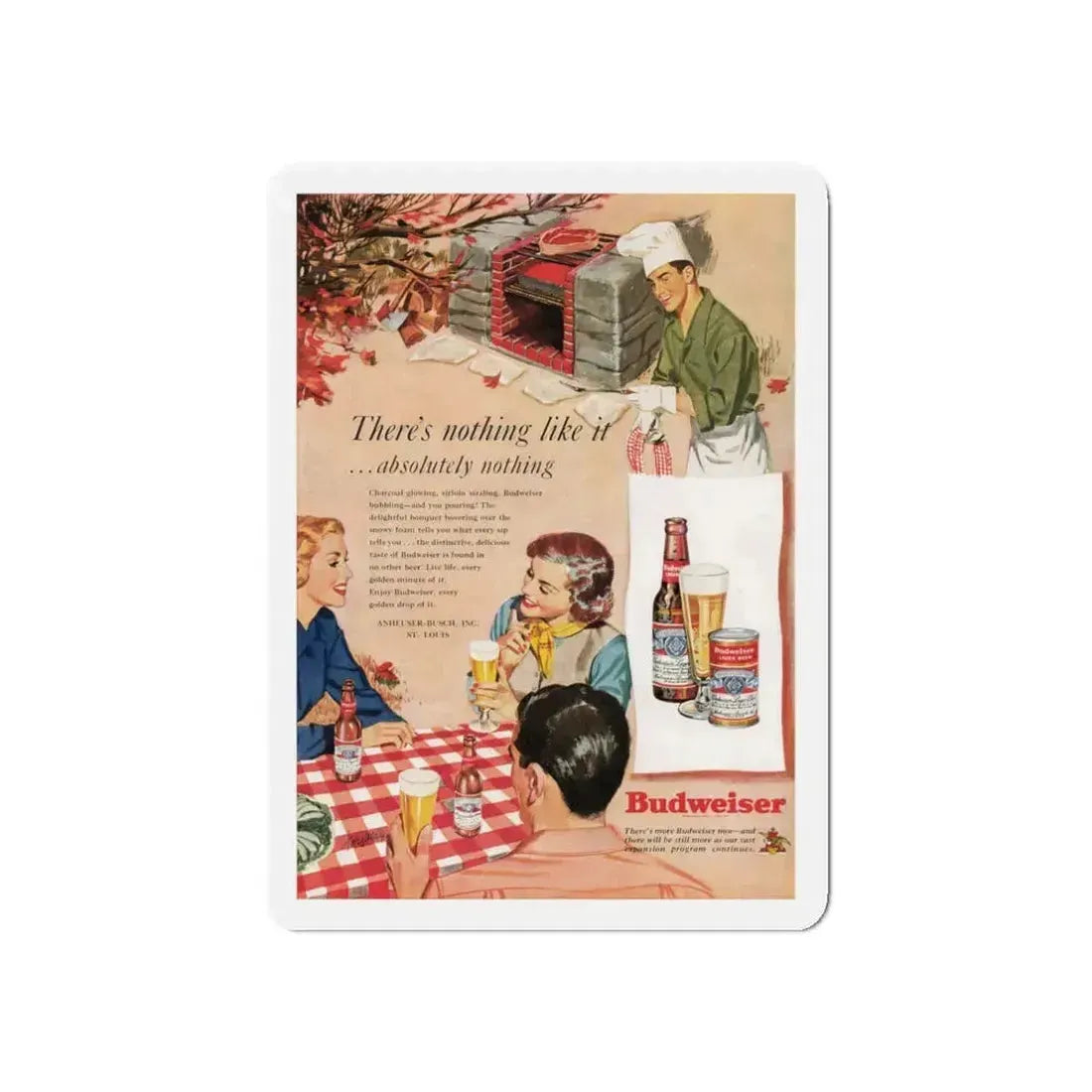 Budweiser ad, Cosmopolitan, October 1950 (Magazine Illustration) Refrigerator Magnet 3 Inch Die-Cut - The Sticker Space