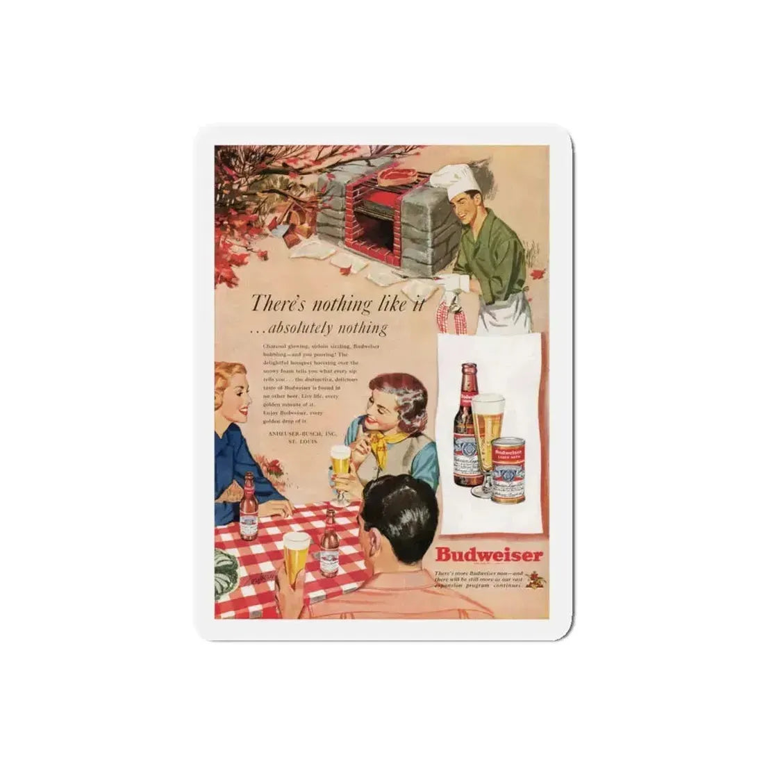 Budweiser ad, Cosmopolitan, October 1950 (Magazine Illustration) Refrigerator Magnet 5 Inch Die-Cut - The Sticker Space