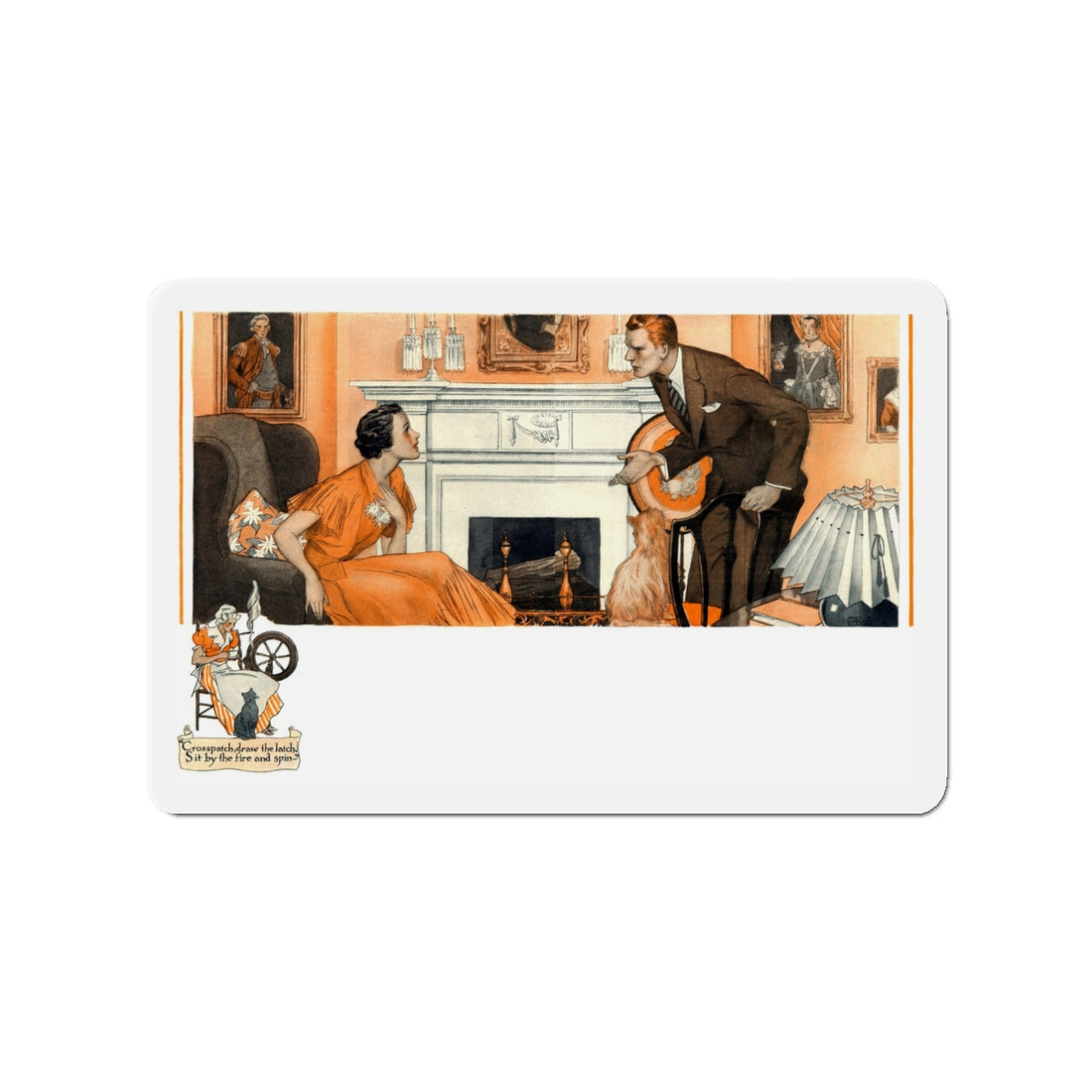 By the Fire, 1934 (Magazine Illustration) Refrigerator Magnet-3" x 3"-The Sticker Space