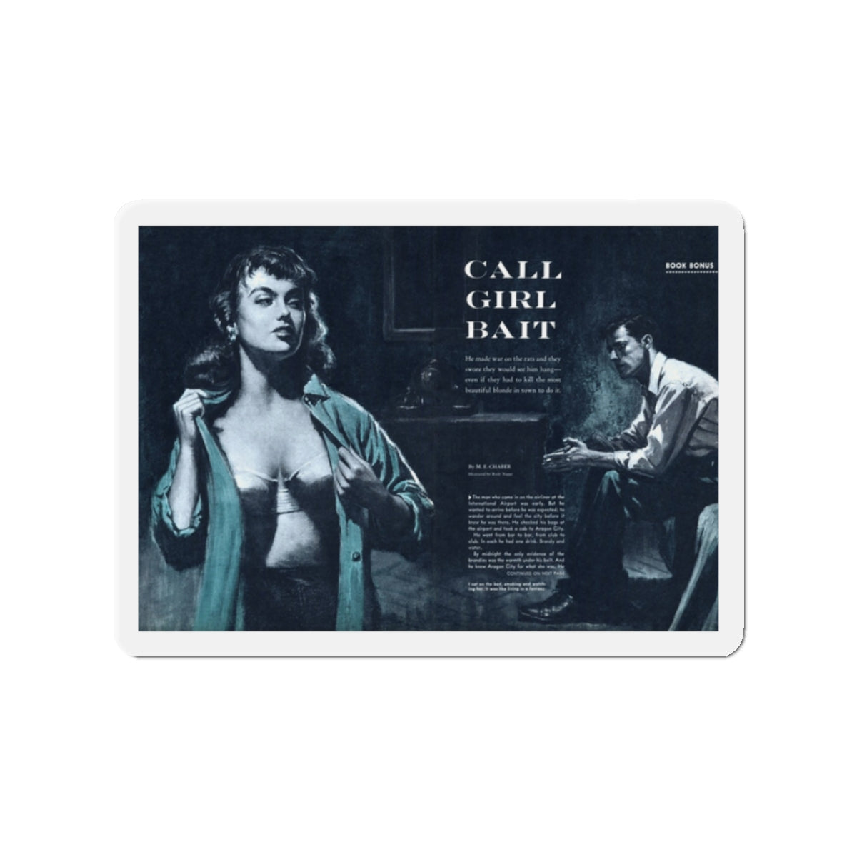 Call Girl Bait, Male magazine, February 1957 (Magazine Illustration) Refrigerator Magnet-2" x 2"-The Sticker Space