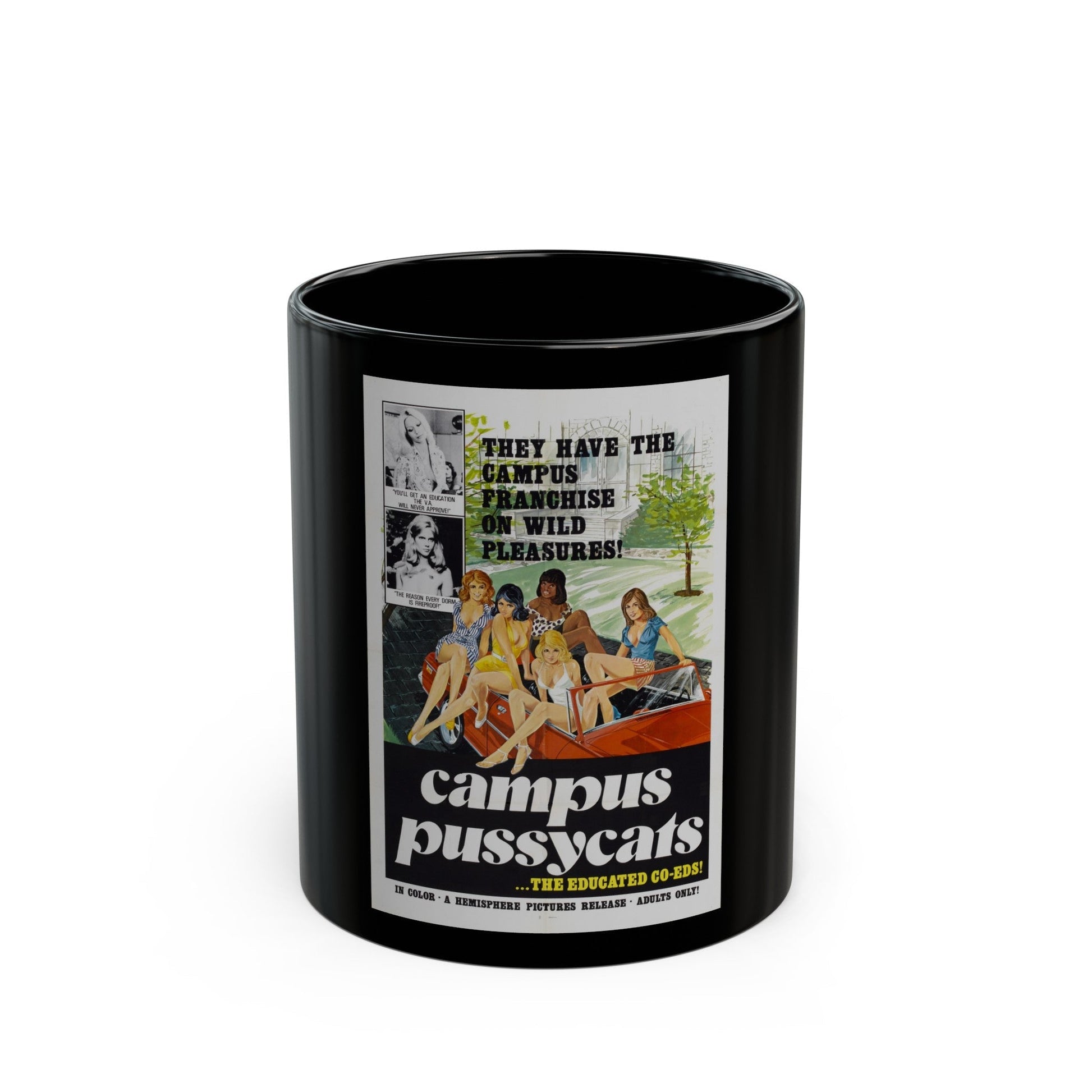 CAMPUS PUSSYCATS 1973 Movie Poster - Black Coffee Mug-11oz-The Sticker Space