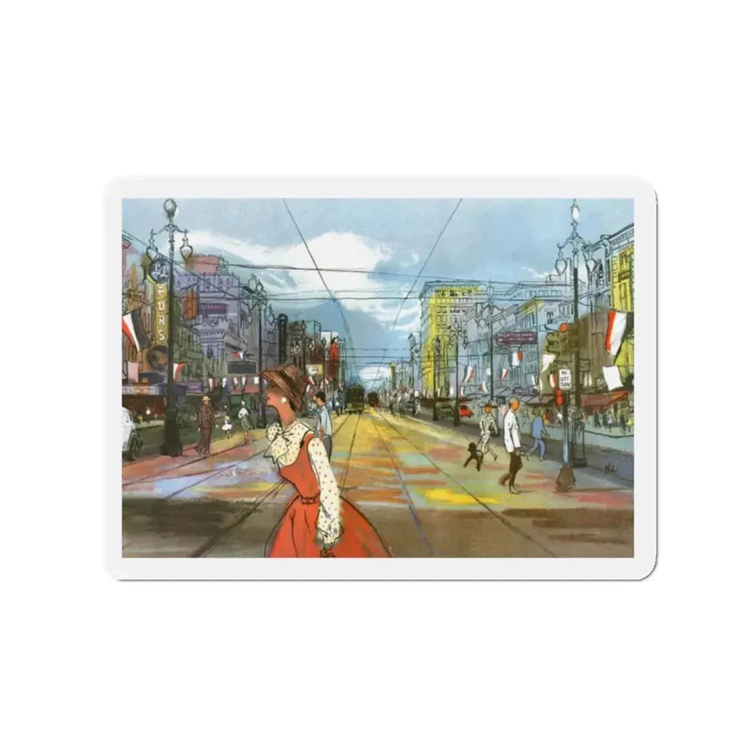 Canal Street, New Orleans by Hermann B. Deutsch, Esquire magazine, 1954 (Magazine Illustration) Refrigerator Magnet 2 Inch - The Sticker Space