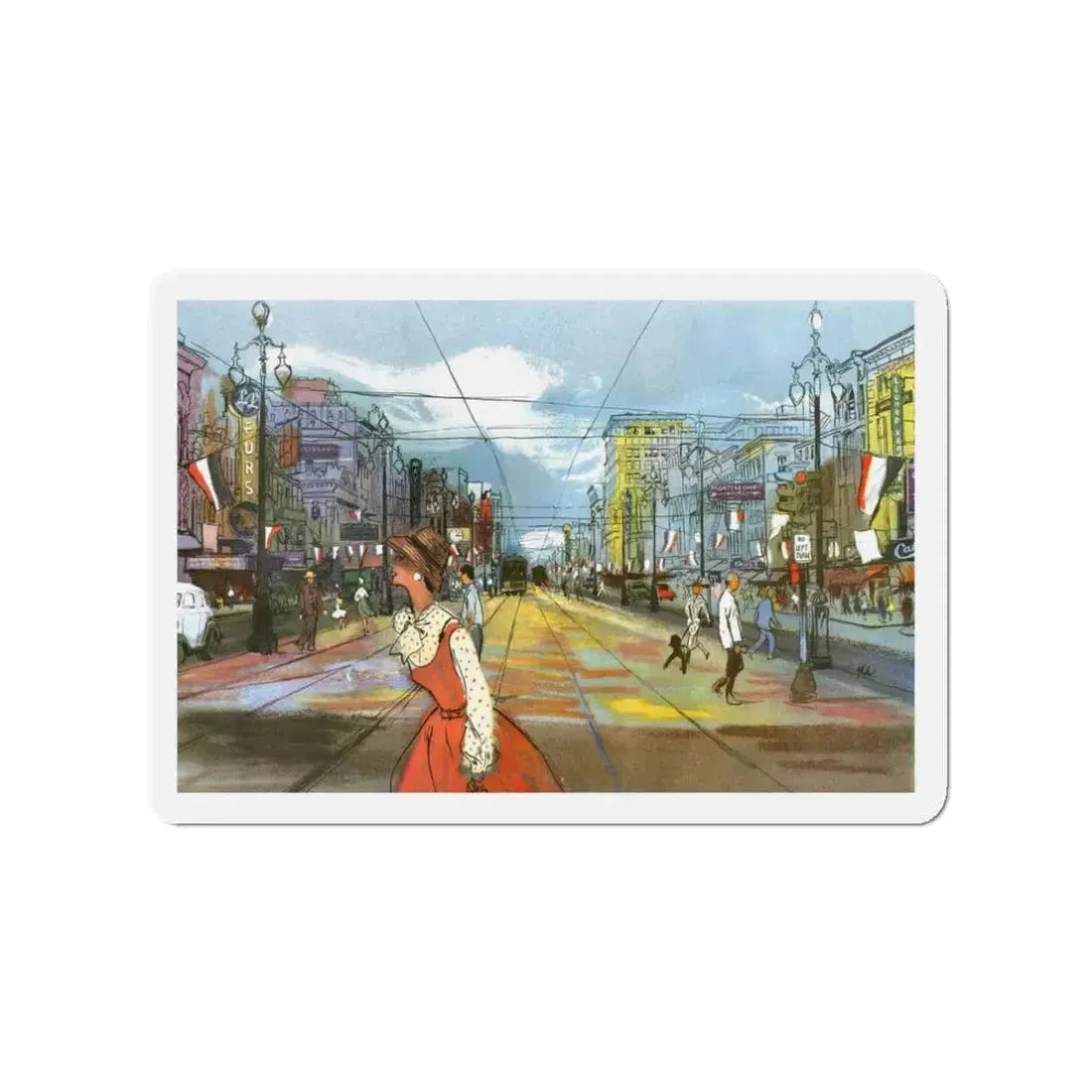 Canal Street, New Orleans by Hermann B. Deutsch, Esquire magazine, 1954 (Magazine Illustration) Refrigerator Magnet 3 Inch - The Sticker Space