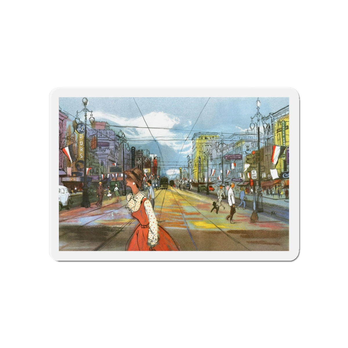 Canal Street, New Orleans by Hermann B. Deutsch, Esquire magazine, 1954 (Magazine Illustration) Refrigerator Magnet-4" x 4"-The Sticker Space