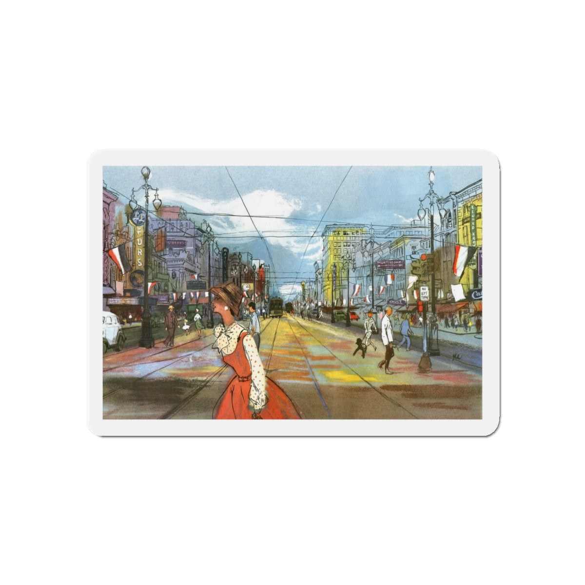 Canal Street, New Orleans by Hermann B. Deutsch, Esquire magazine, 1954 (Magazine Illustration) Refrigerator Magnet-5" x 5"-The Sticker Space