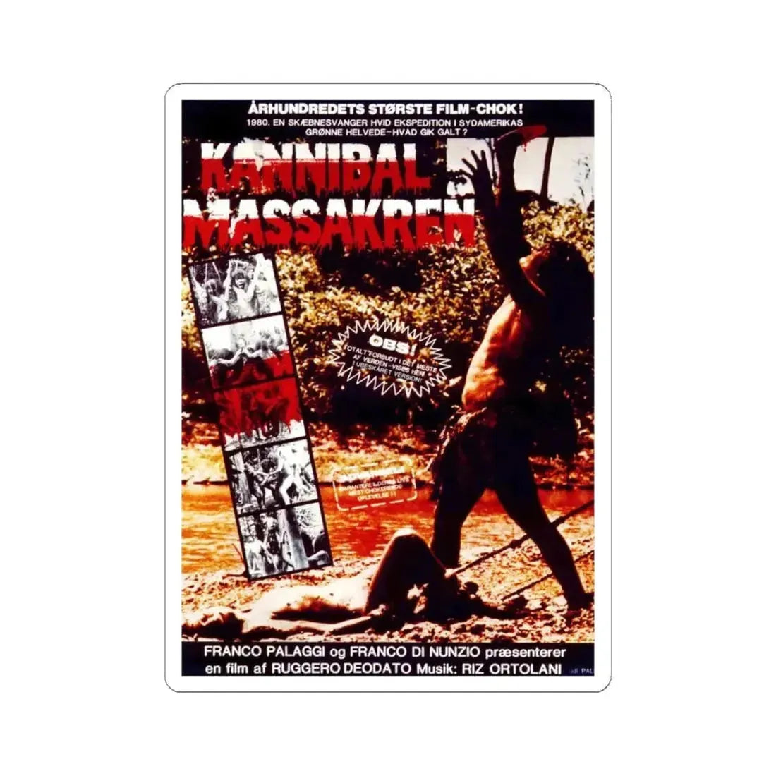 CANNIBAL HOLOCAUST (DANISH) 1980 Movie Poster - STICKER Vinyl Kiss-Cut Decal 3 Inch White - The Sticker Space