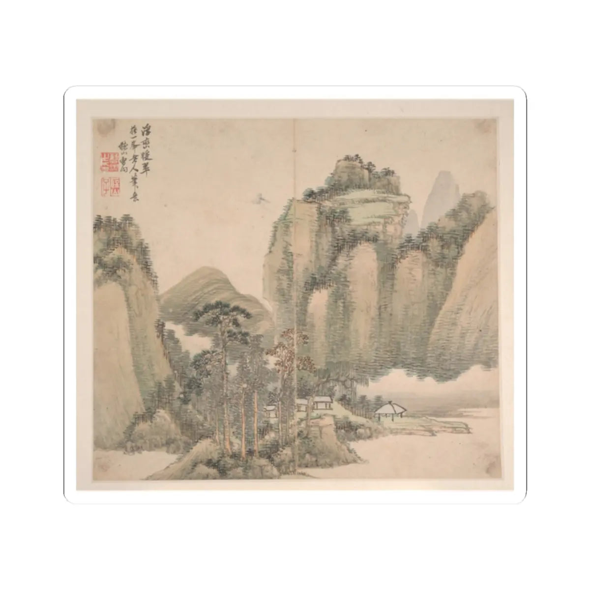Green-tinted landscape of towering cliffs, pine trees and thatched huts beside a misty valley on pale paper.