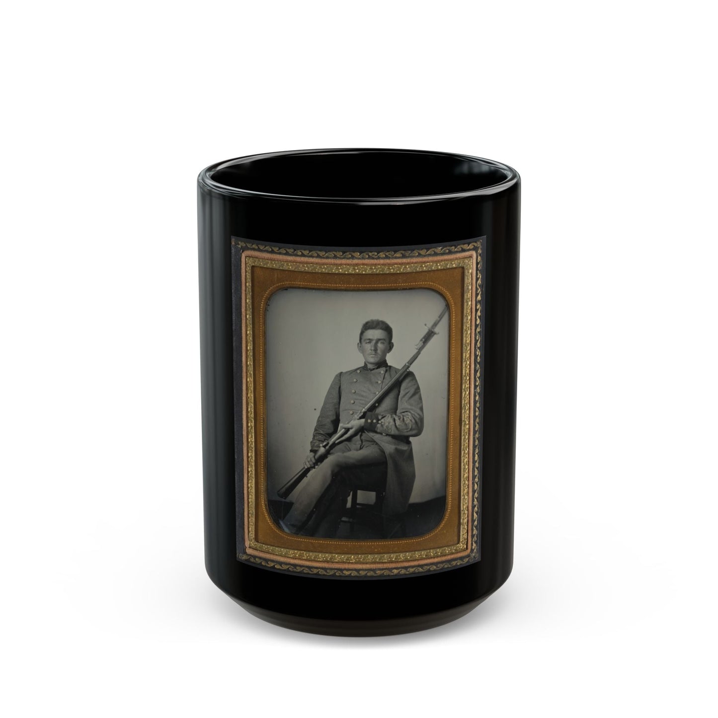 Captain Daniel Turrentine Of Company G, 12th Arkansas Infantry Regiment, In Full Officers' Uniform With Musket (U.S. Civil War) Black Coffee Mug