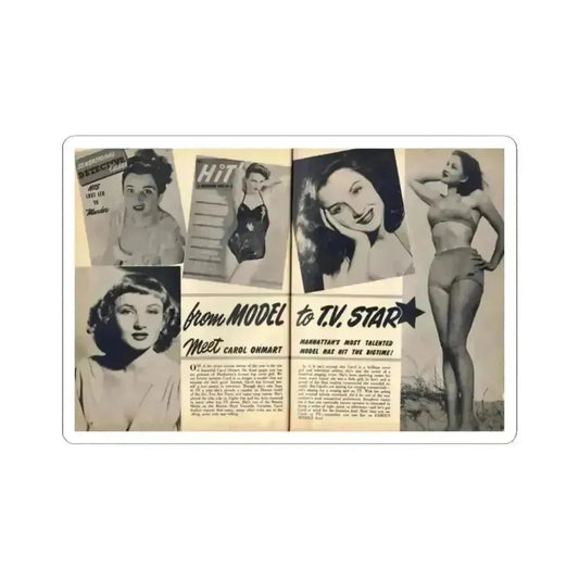 Carol Ohmart #75 - Pages 1 & 2 of 2 with, Carol+5 B&W Photos including 2 Mag. Covers & Brief Article from Famous MODELS Mag. March-April '51 (Vintage Female Icon) STICKER Vinyl Kiss-Cut Decal 2 Inch White - The Sticker Space