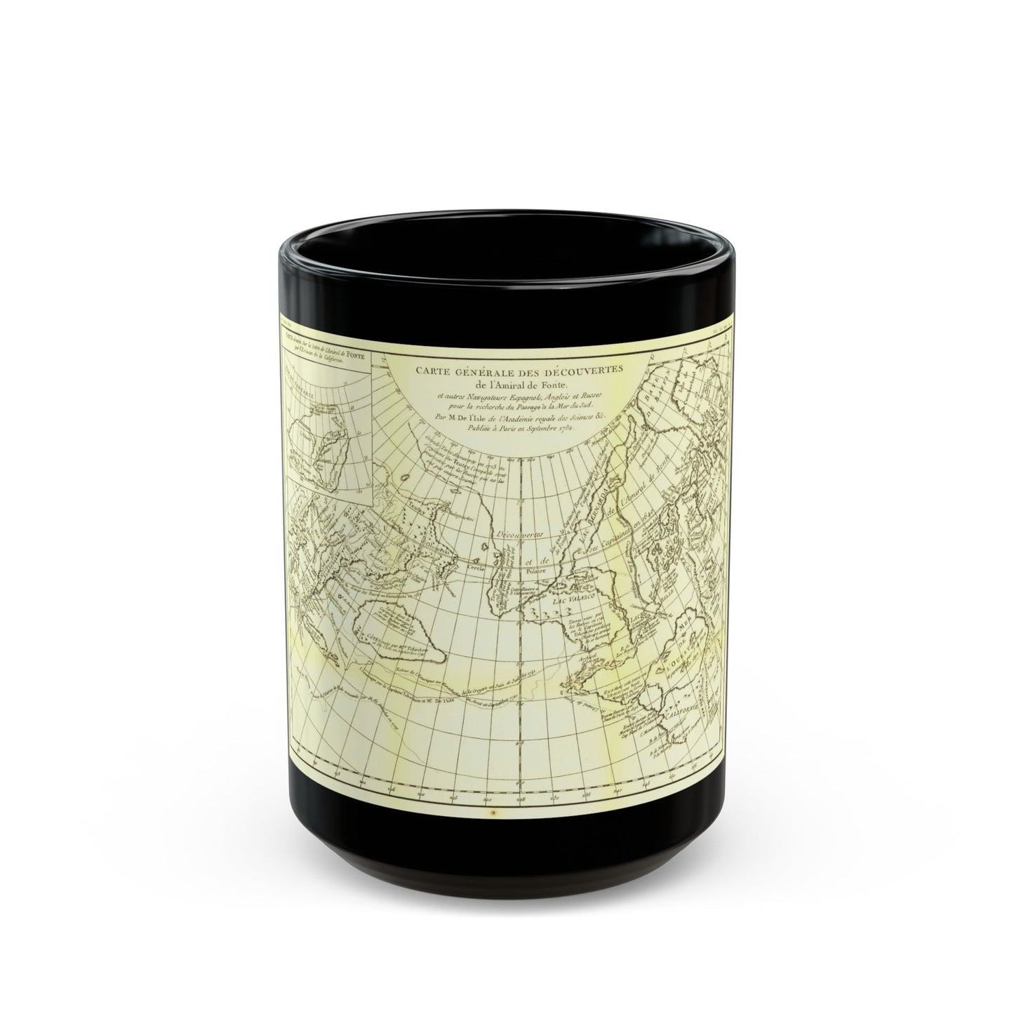 Carte Generale des Decouvertes de l'Amiral de Fonte (1762) (Map) Black Coffee Mug-15oz-The Sticker Space