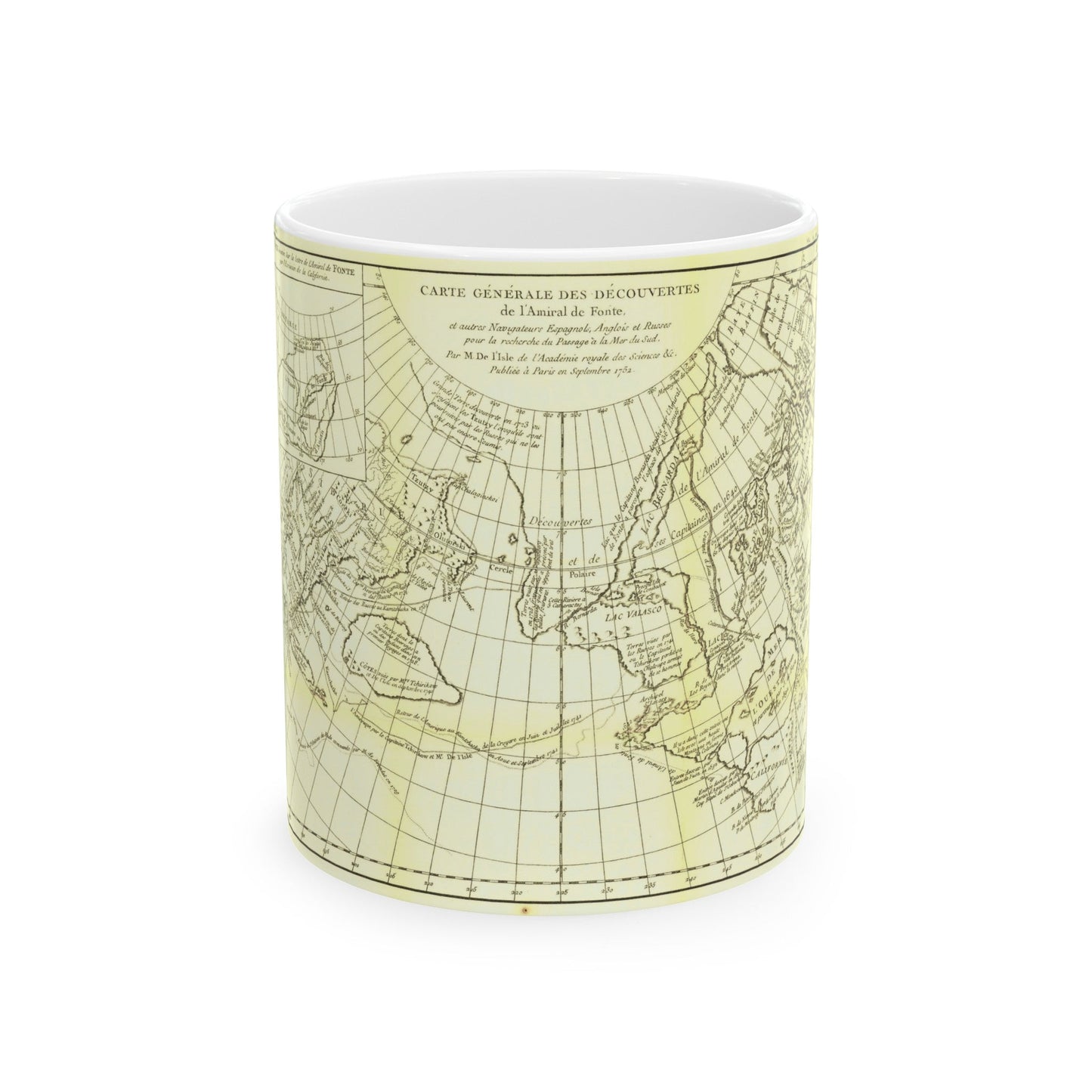 Carte Generale des Decouvertes de l'Amiral de Fonte (1762) (Map) White Coffee Mug-11oz-The Sticker Space