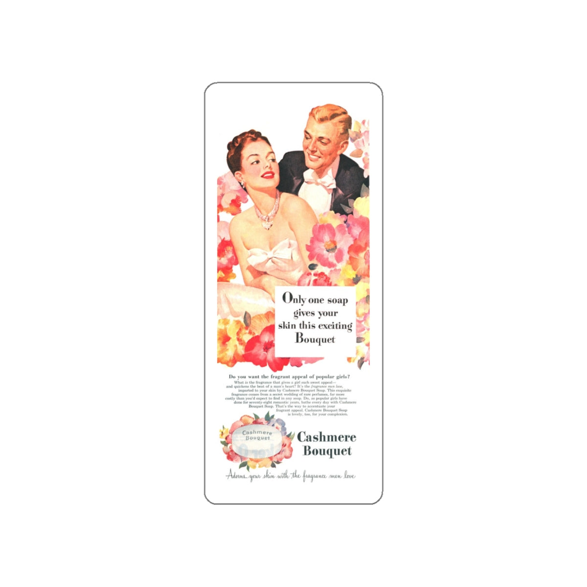 Cashmere Bouquet Soap ad illustration, 1947 (2) (Magazine Illustration) STICKER Vinyl Die-Cut Decal-White-The Sticker Space