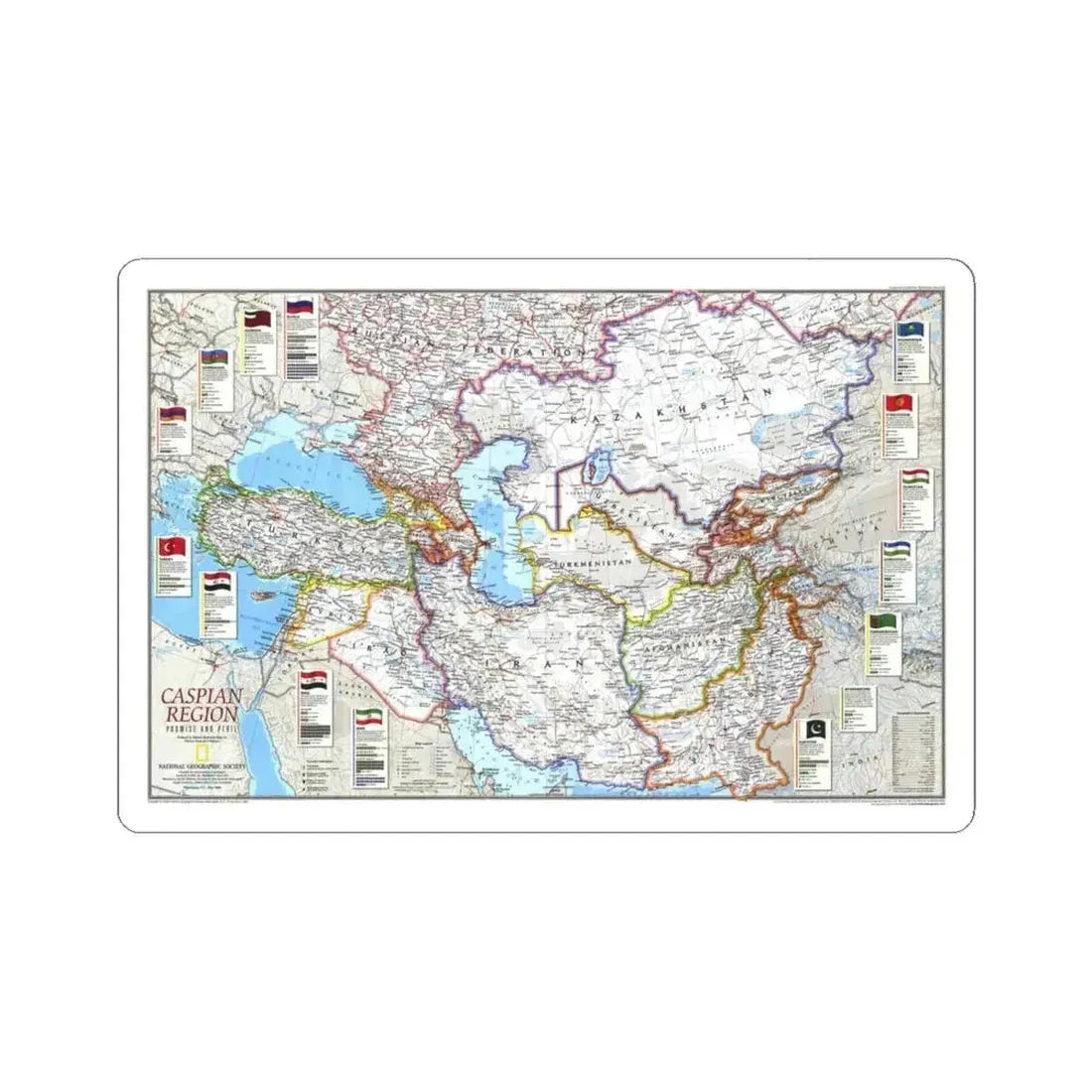Caspian Region- Promise and Peril (1999) (Map) STICKER Vinyl Kiss-Cut Decal 4 Inch White - The Sticker Space