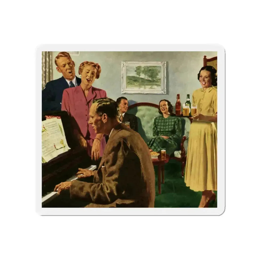 Cathered Around The Piano, 1949 (Magazine Illustration) Refrigerator Magnet 2 Inch Die-Cut - The Sticker Space