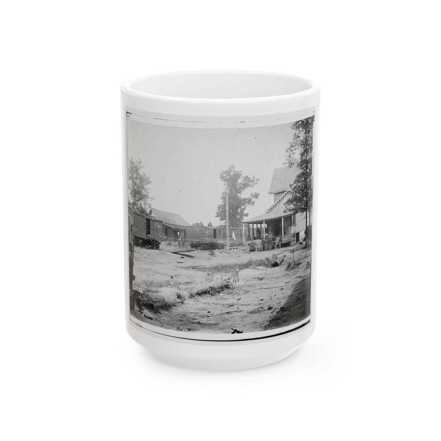 Catlett's Station, Va. The Station With U.S. Military Railroad Boxcars And Soldiers (U.S. Civil War) White Coffee Mug