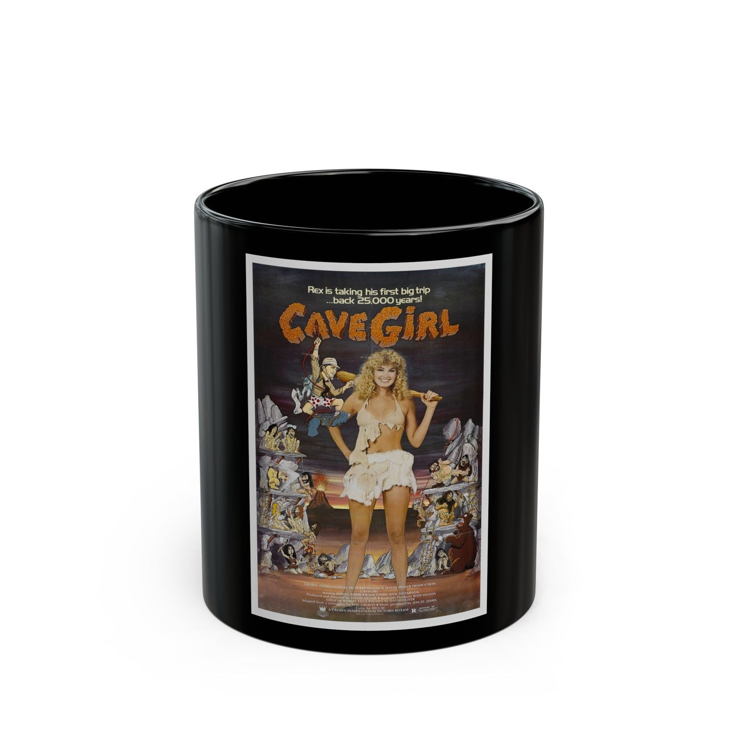 CAVEGIRL 1985 Movie Poster - Black Coffee Mug-11oz-The Sticker Space