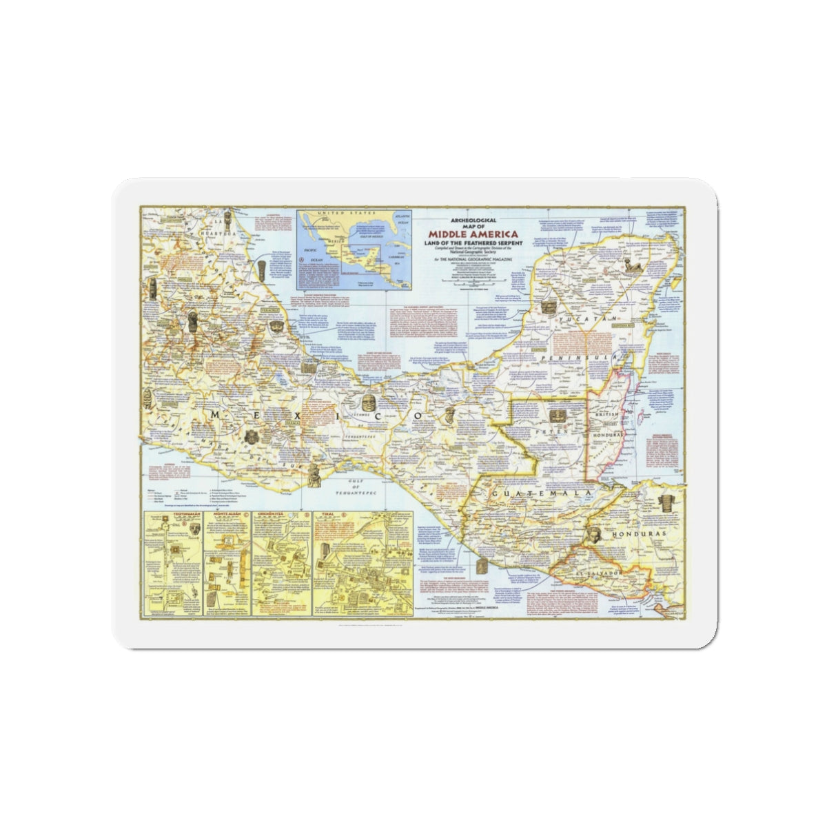 Central America - Archeological Map 1 (1968) (Map) Refrigerator Magnet-3" x 3"-The Sticker Space