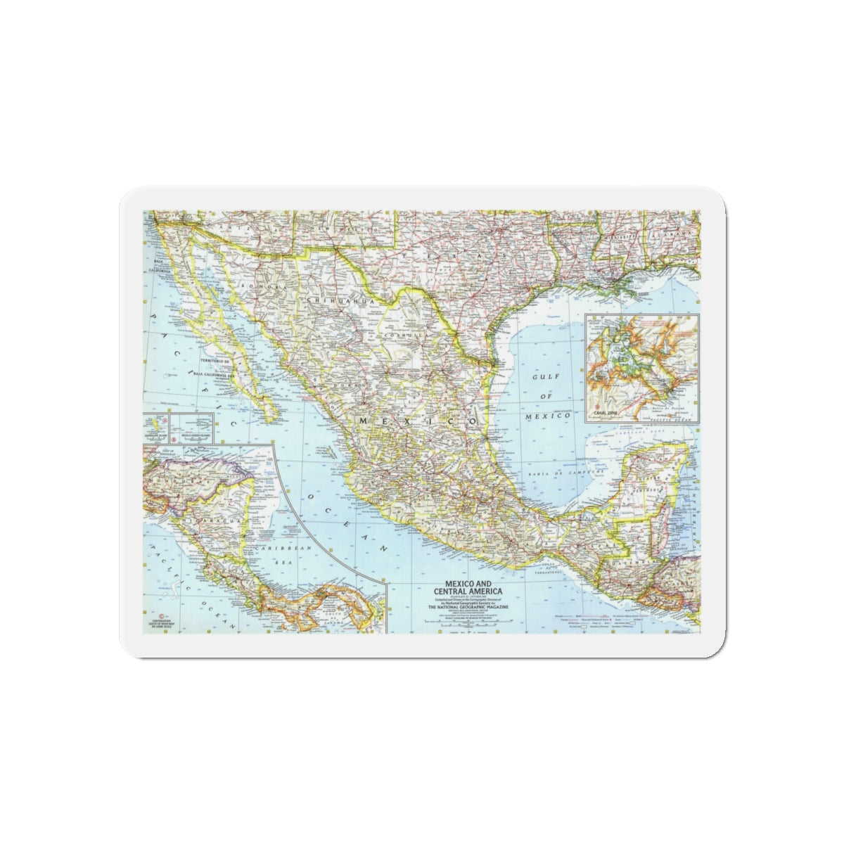 Central America - Mexico (1961) (Map) Refrigerator Magnet-4" x 4"-The Sticker Space