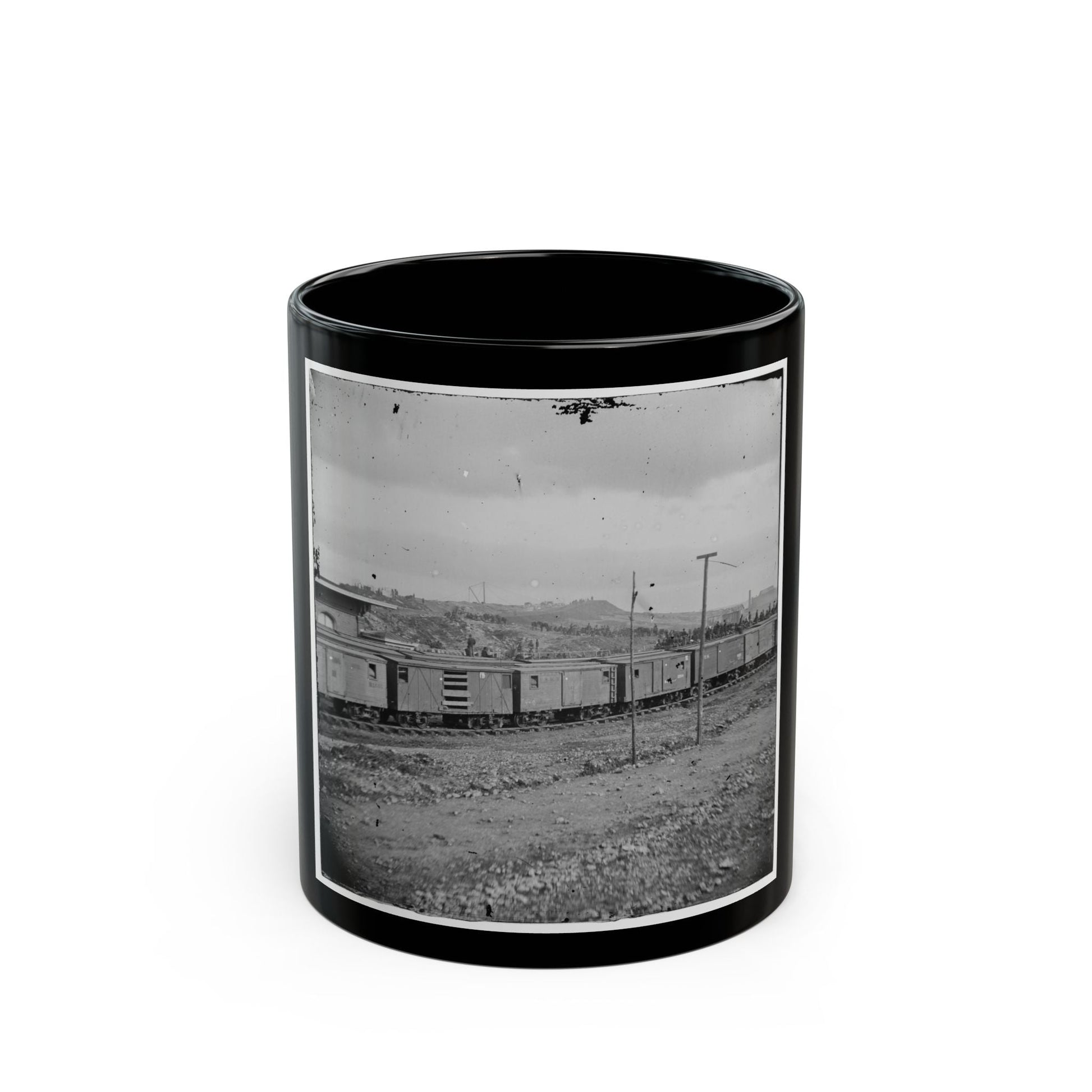 Chattanooga, Tenn. Boxcars And Depot With Federal Cavalry Guard Beyond (U.S. Civil War) Black Coffee Mug-11oz-The Sticker Space