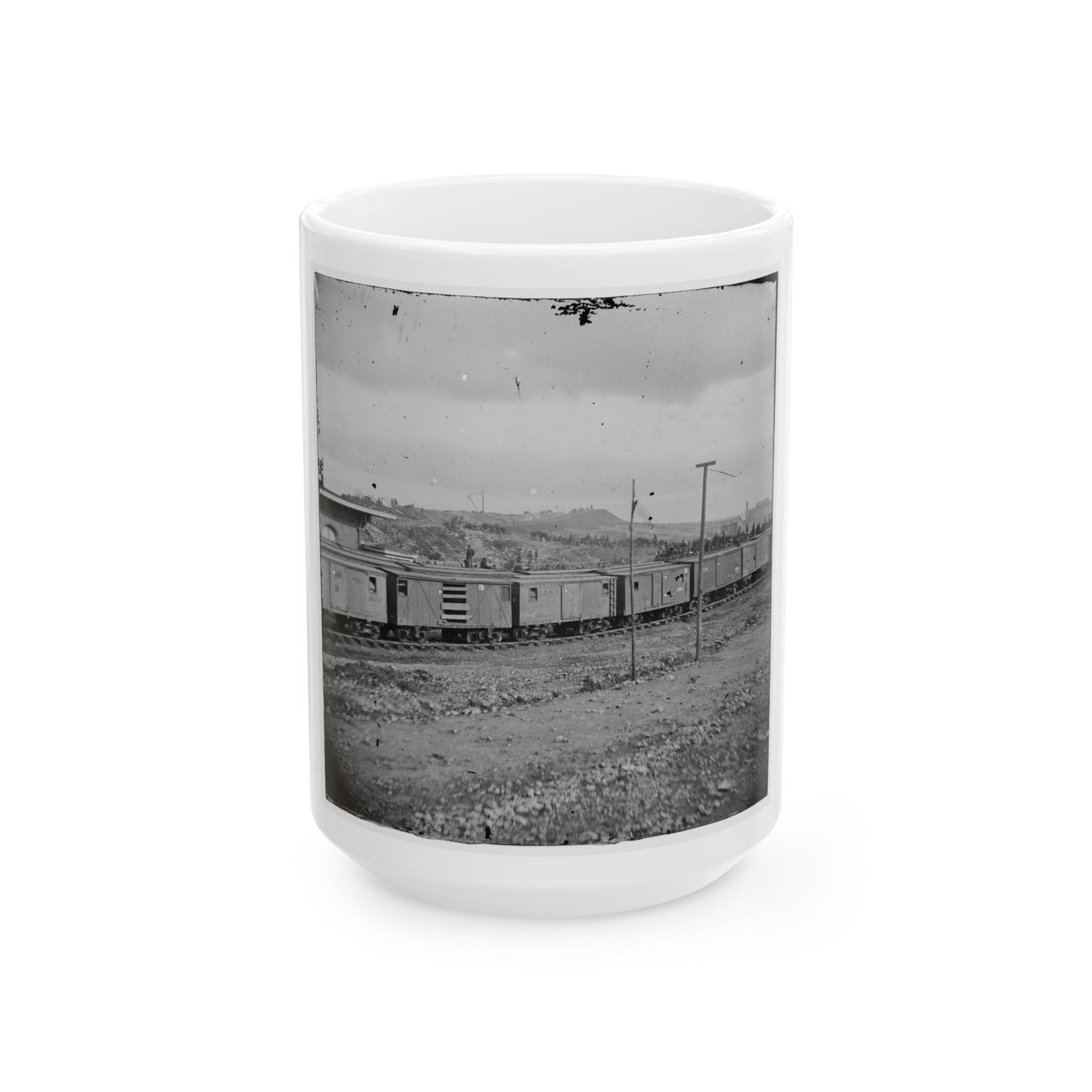 Chattanooga, Tenn. Boxcars And Depot With Federal Cavalry Guard Beyond (U.S. Civil War) White Coffee Mug-15oz-The Sticker Space