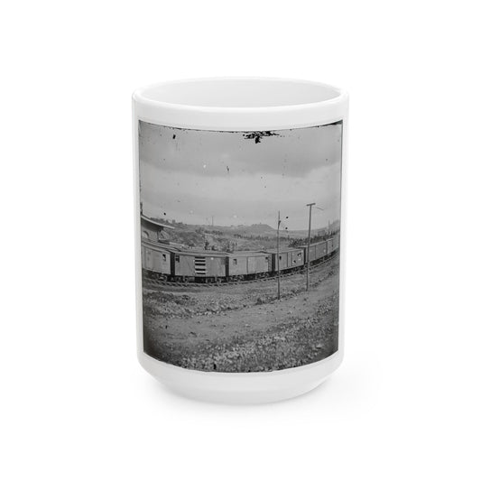 Chattanooga, Tenn. Boxcars And Depot With Federal Cavalry Guard Beyond (U.S. Civil War) White Coffee Mug-15oz-The Sticker Space