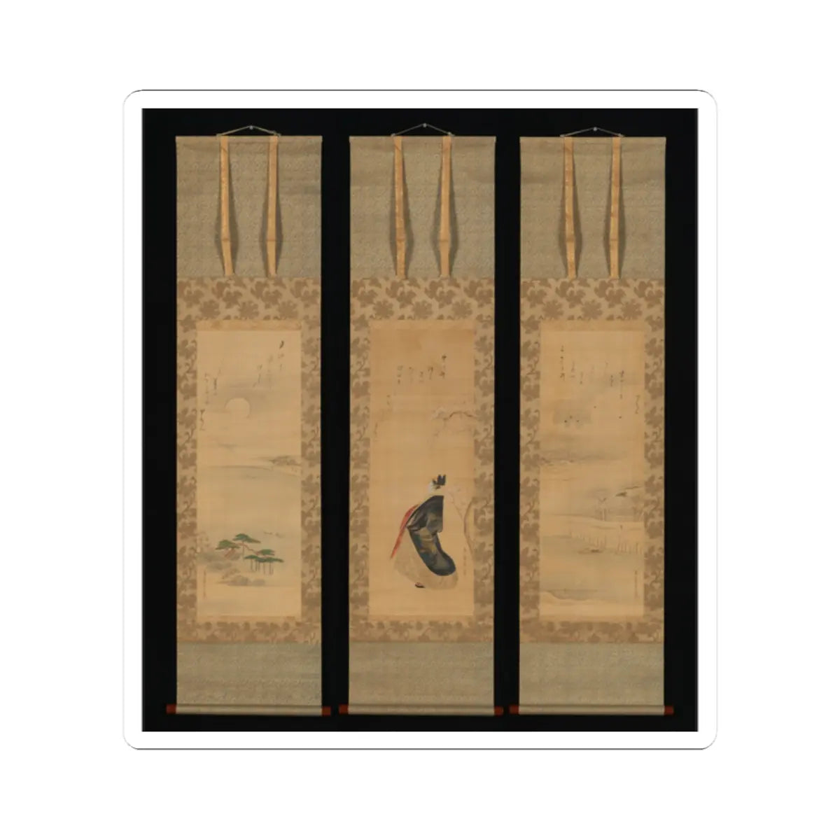 Triptych of hanging scrolls showing a moonlit shore with pines, a robed figure by blossoms, and a snowy pavilion.