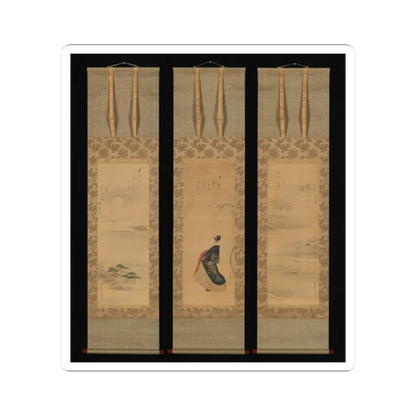 Triptych of hanging scrolls showing a moonlit shore with pines, a robed figure by blossoms, and a snowy pavilion.