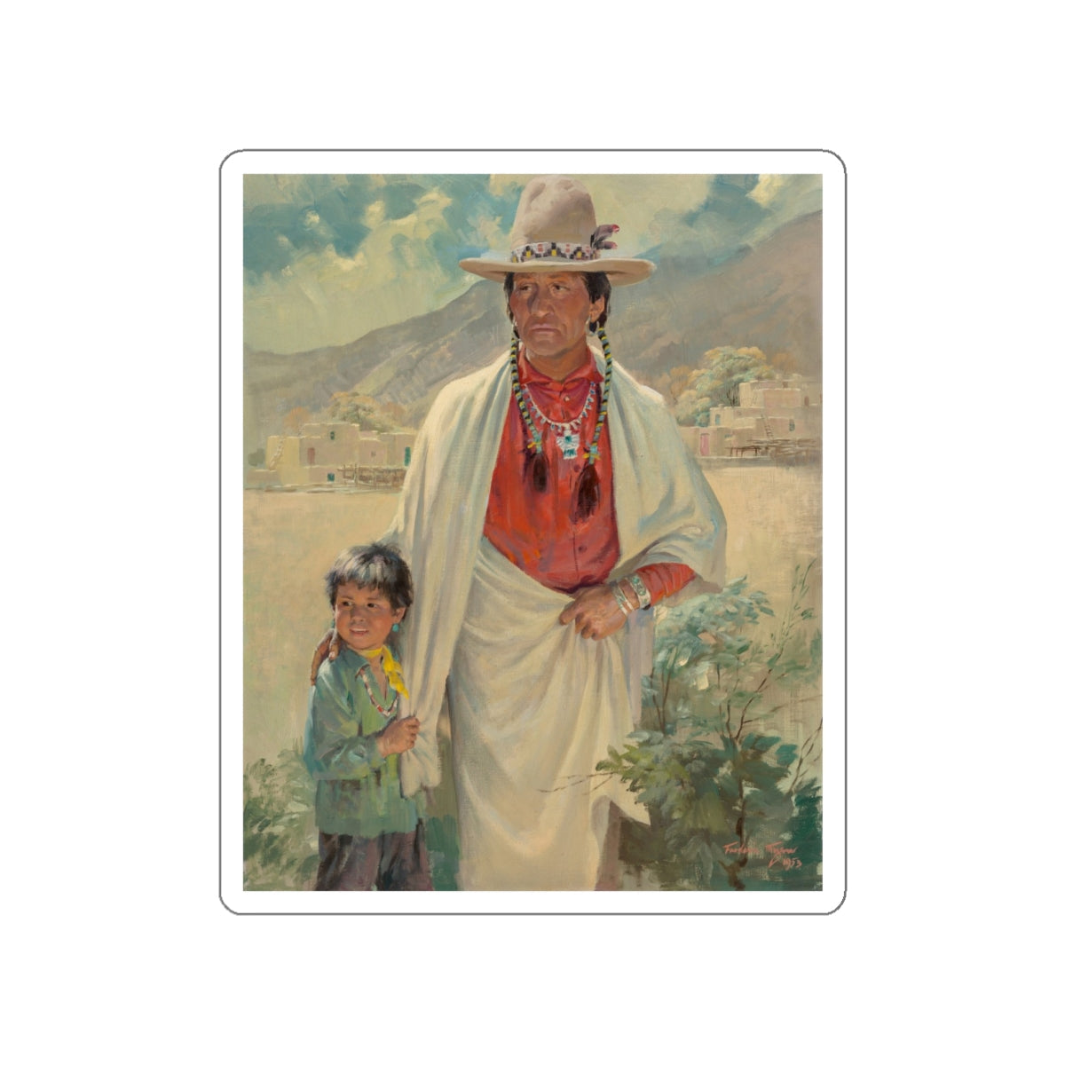 Chief Red Dancer and Grandson, 1953 (Magazine Illustration) STICKER Vinyl Die-Cut Decal-White-The Sticker Space